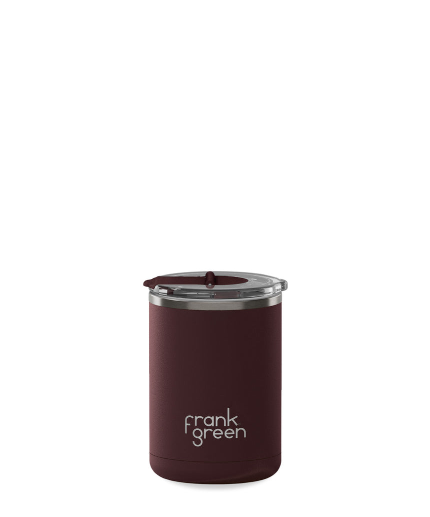 Frank Green 12oz ceramic reusable coffee cup in chocolate with hinged screw lid, featuring a sleek design and durable construction.