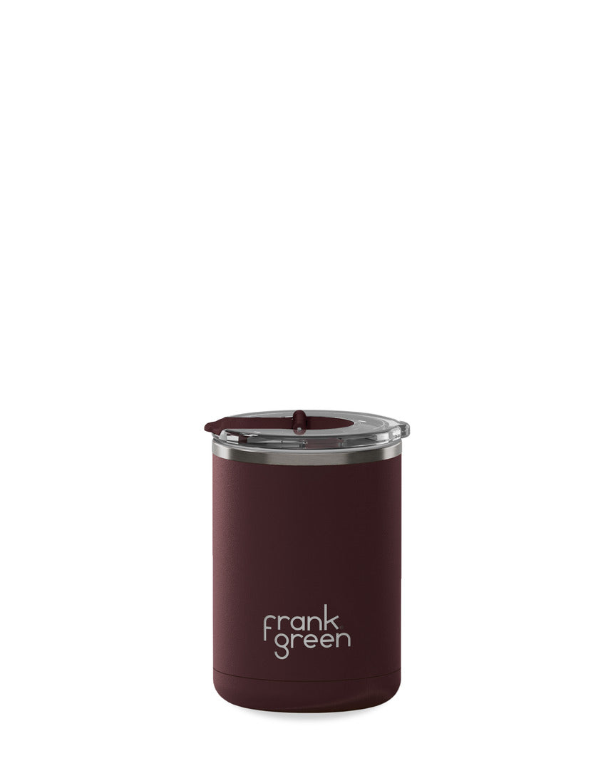 Frank Green 12oz ceramic reusable coffee cup in chocolate with hinged screw lid, featuring a sleek design and durable construction.