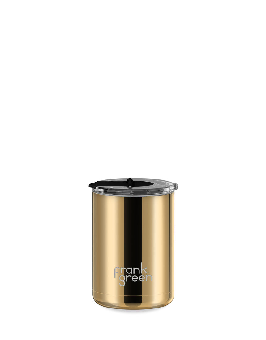 Frank Green 12oz ceramic reusable coffee cup with hinged screw lid in gold and midnight colors, showcasing sleek design and durable material.