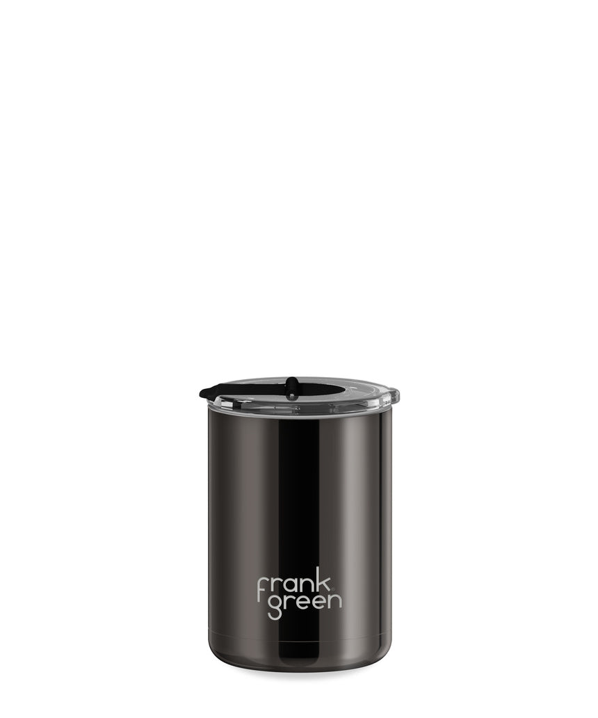 Frank Green 12oz ceramic coffee cup in Shadow Chrome with Midnight hinged screw lid