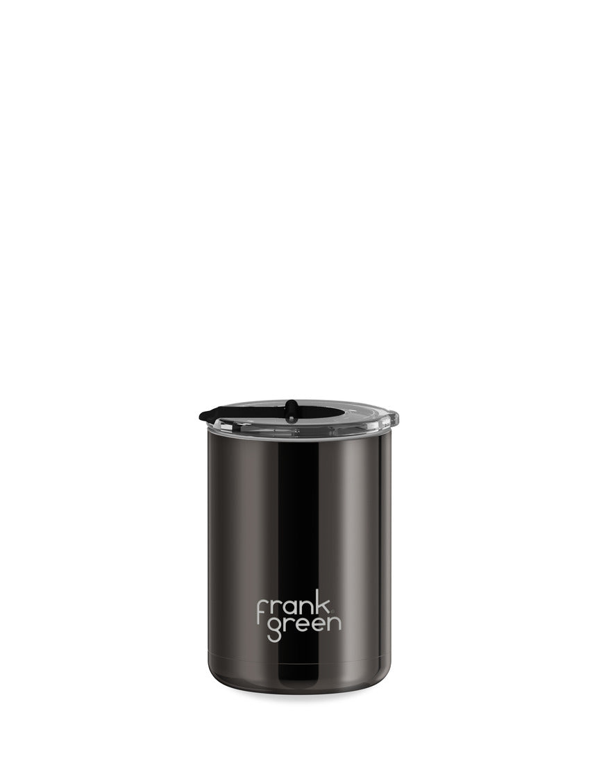 Frank Green 12oz ceramic coffee cup in Shadow Chrome with Midnight hinged screw lid