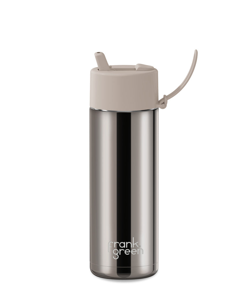 Frank Green 20oz ceramic reusable bottle with Chrome Moon Dust finish and flip straw lid, showcasing its sleek, modern design.