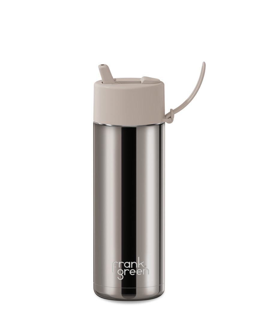 Frank Green 20oz ceramic reusable bottle with Chrome Moon Dust finish and flip straw lid, showcasing its sleek, modern design.