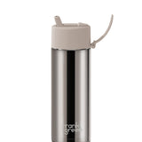 Frank Green 20oz ceramic reusable bottle with Chrome Moon Dust finish and flip straw lid, showcasing its sleek, modern design.