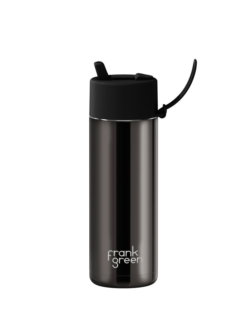 Frank Green 20oz reusable ceramic bottle with flip straw lid in Shadow Chrome, showcasing sleek design and secure lid.