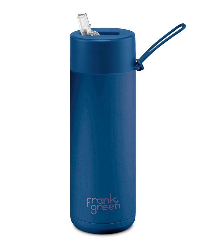 Frank Green Deep Ocean 595ml drinkwear bottle with sleek design and eco-friendly stainless steel construction.