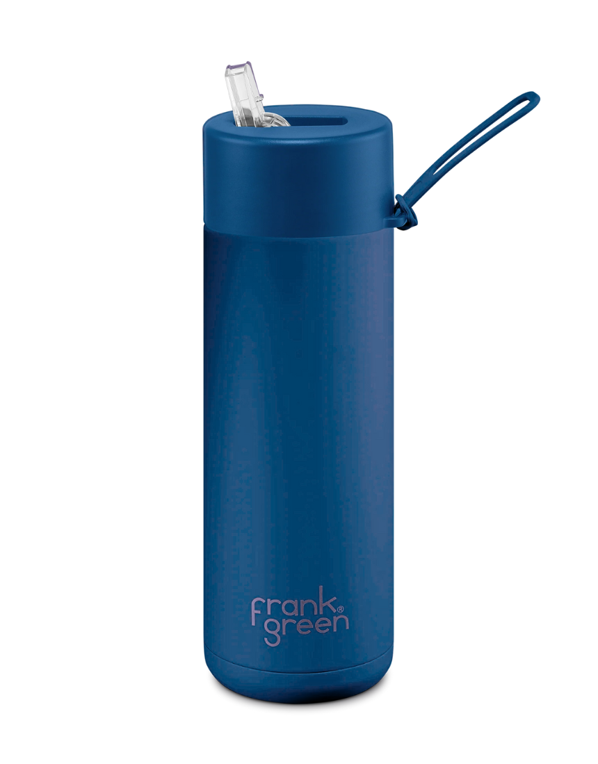 Frank Green Deep Ocean 595ml drinkwear bottle with sleek design and eco-friendly stainless steel construction.