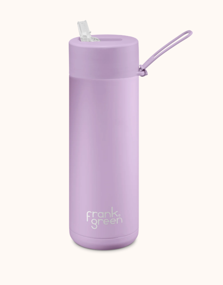 Frank Green Lilac Haze 595ml drinkwear bottle with a sleek purple design and secure lid for beverages.