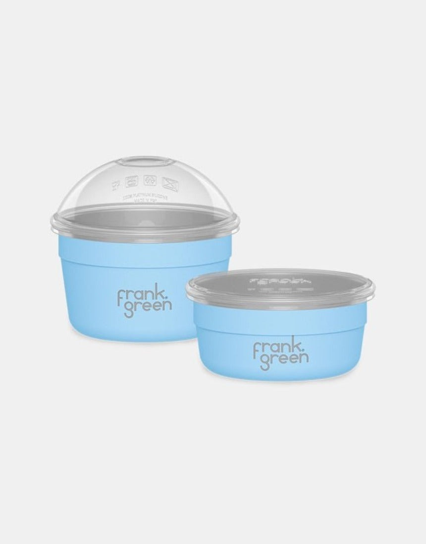 Frank Green stainless steel to-go bowls in sky blue, duo pack food containers for lunch or snacks.