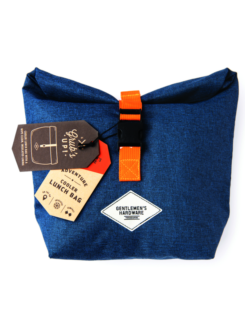 Gentlemen's Hardware roll top lunch bag with adjustable strap and insulated interior for keeping food fresh.