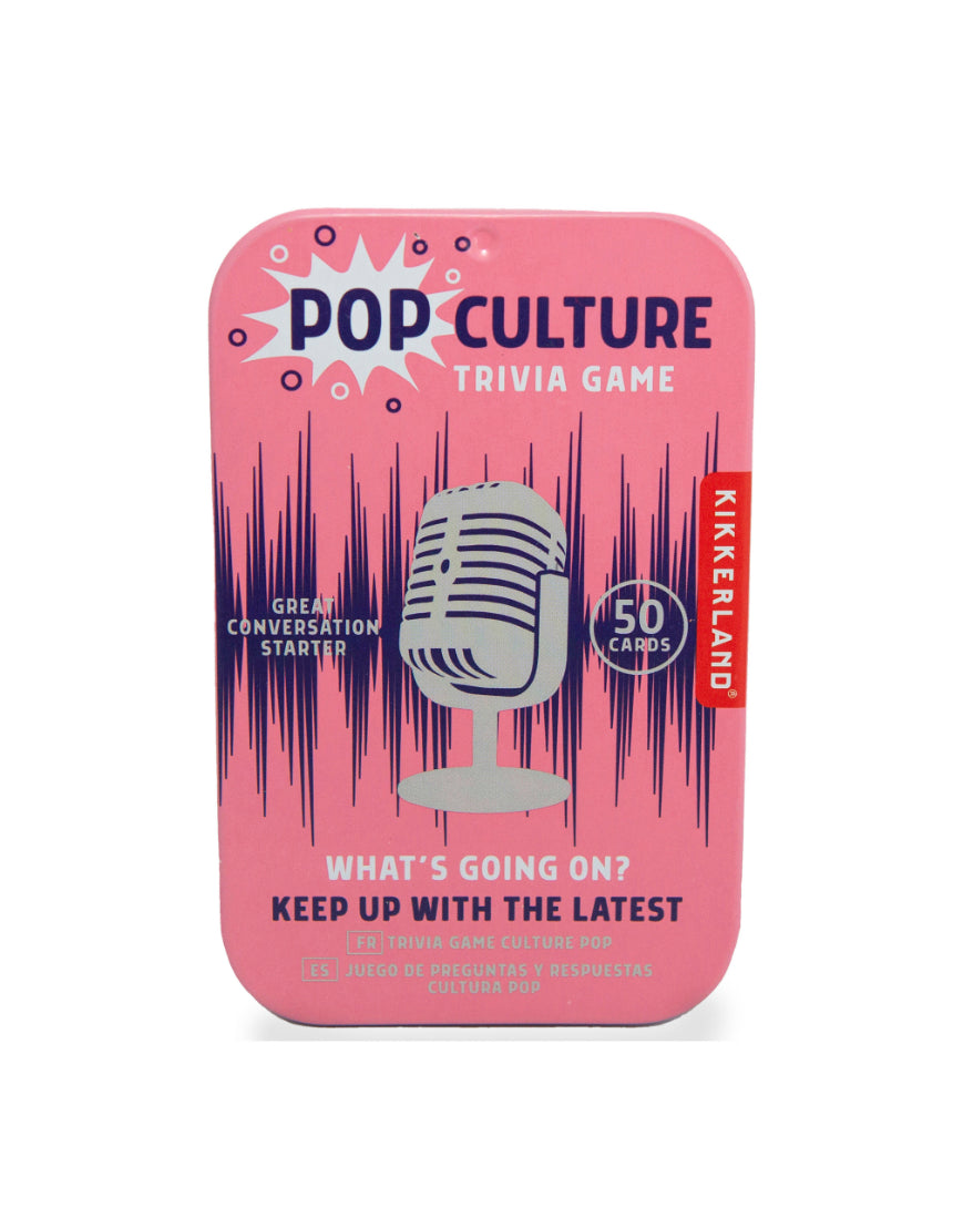 isAlbi Pop Culture Trivia game with colorful cards and game pieces for testing knowledge of movies, music, and TV shows.
