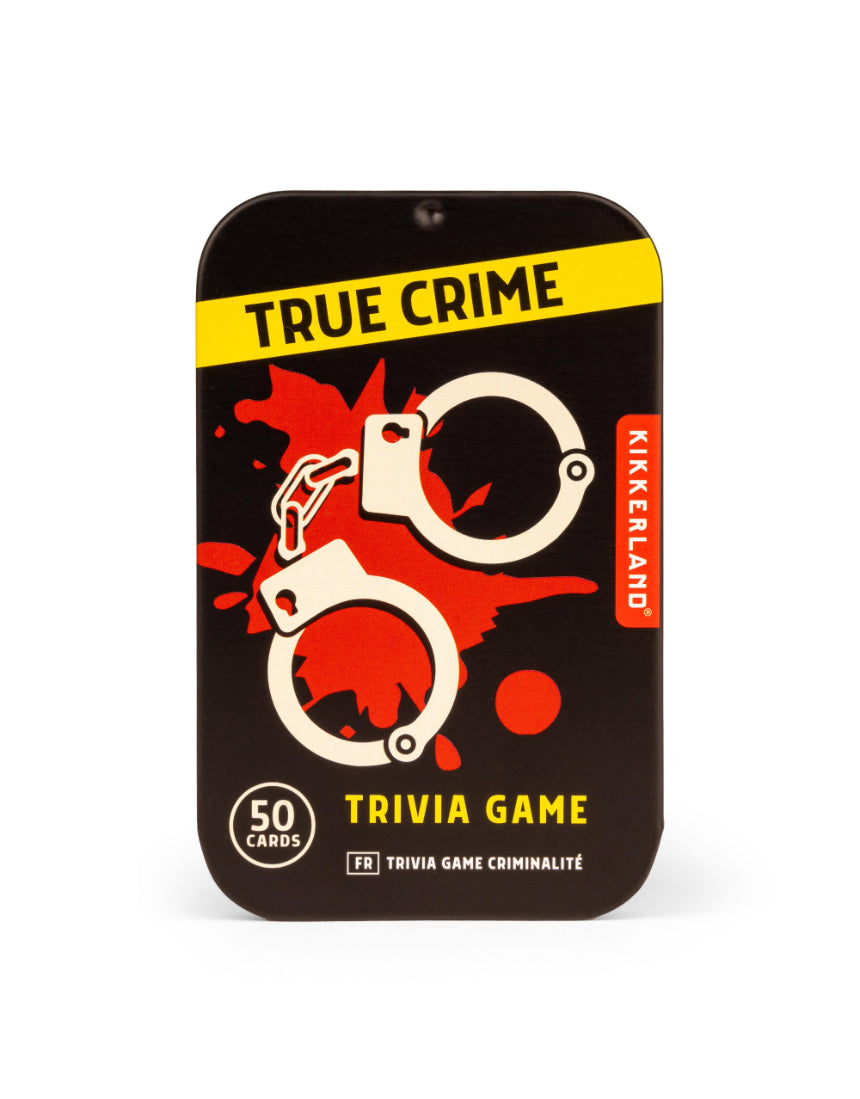 True Crime Trivia Tin by isAlbi, featuring a compact metal container with trivia cards and game components related to true crime stories.