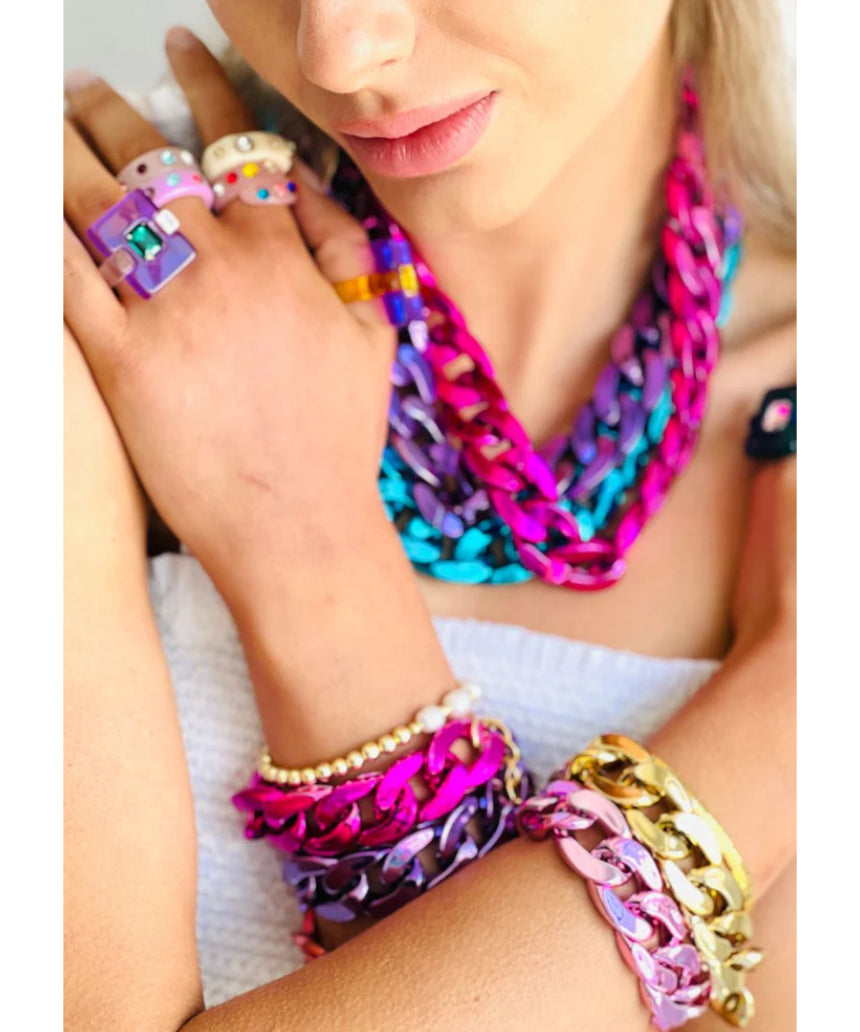 Mosk Melbourne The Met Chai bracelet featuring bold glam rock design with layered metal chains and intricate detailing.
