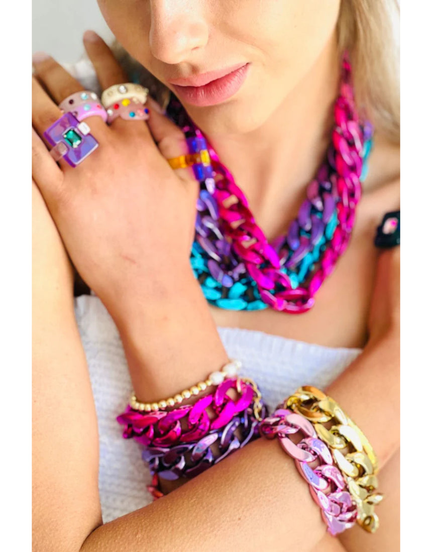 Mosk Melbourne The Met Chai bracelet featuring bold glam rock design with layered metal chains and intricate detailing.