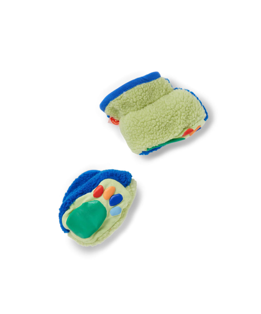 Halcyon Nights baby Sherpa fleece booties in lime and blue with green accents, cozy and soft for little feet.