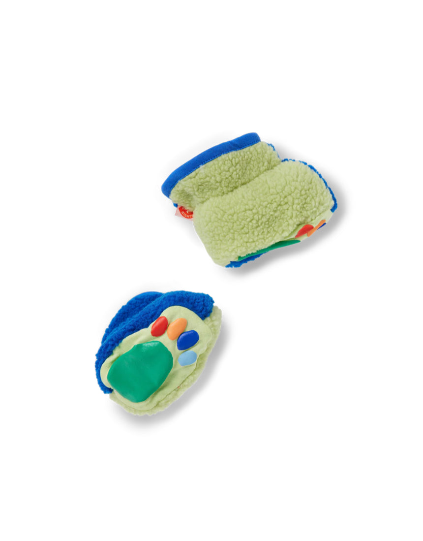 Halcyon Nights baby Sherpa fleece booties in lime and blue with green accents, cozy and soft for little feet.