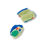Halcyon Nights baby Sherpa fleece booties in lime and blue with green accents, cozy and soft for little feet.