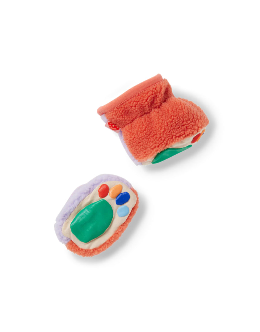 Halcyon Nights lilac and coral sherpa fleece baby bootie with orange accents, cozy and soft baby clothing footwear.