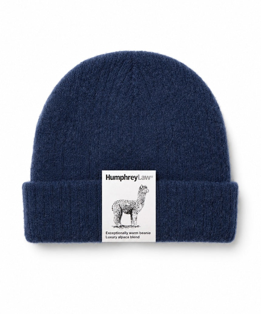 Humphrey Law alpaca blend beanie in denim, close-up of soft knit fabric and snug fit, stylish winter accessory.