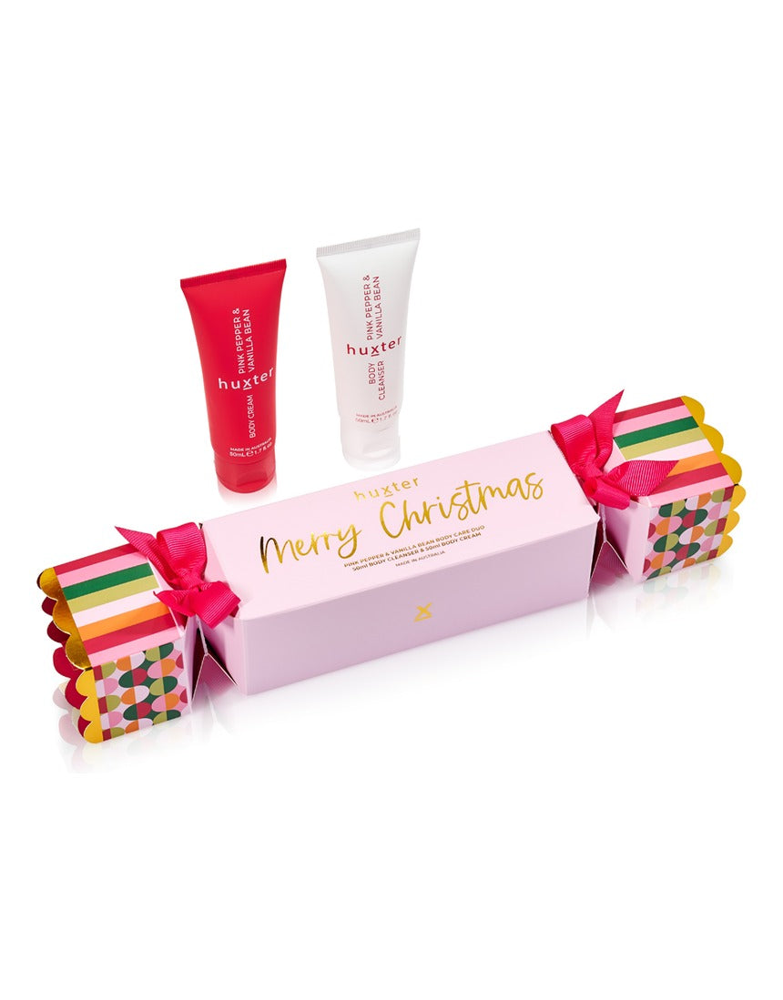 Huxter Pink Pepper and Vanilla Bean Body Care Bon Bon with two 50ml tubes