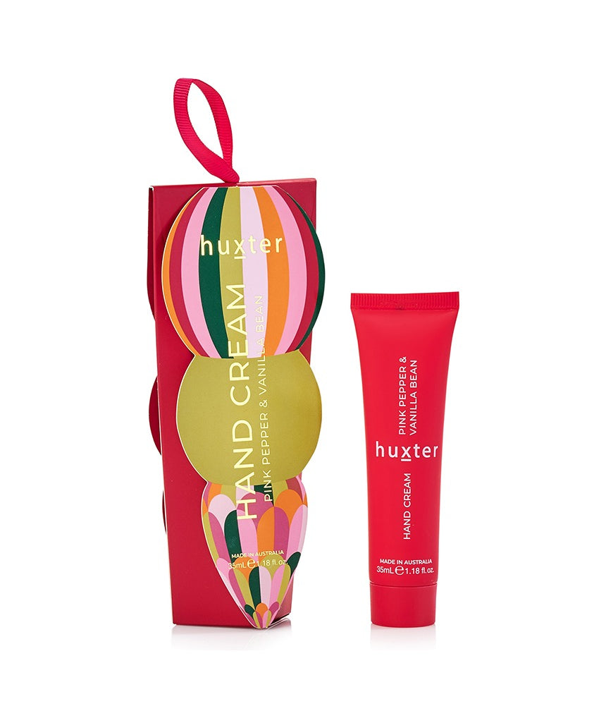 Huxter Adorned Christmas Hanging Hand Cream in Mulberry with festive packaging and decorative hanging charm.