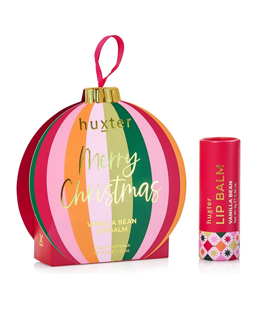 Huxter Adorned Christmas hanging lip balm in Mulberry flavor, featuring festive packaging and a decorative hanging design.