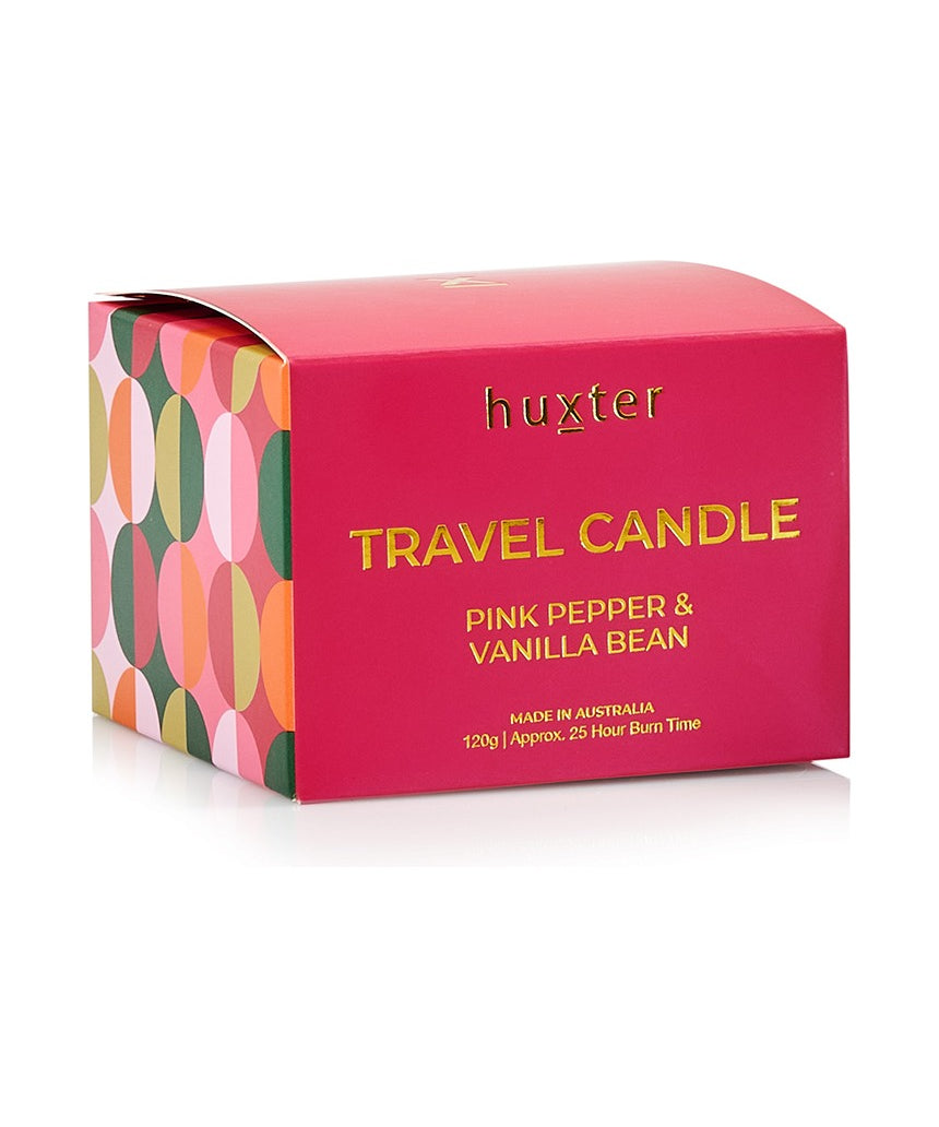 Huxter Adorned Christmas Travel Candle with pink pepper and vanilla bean scent, featuring a festive holiday design.