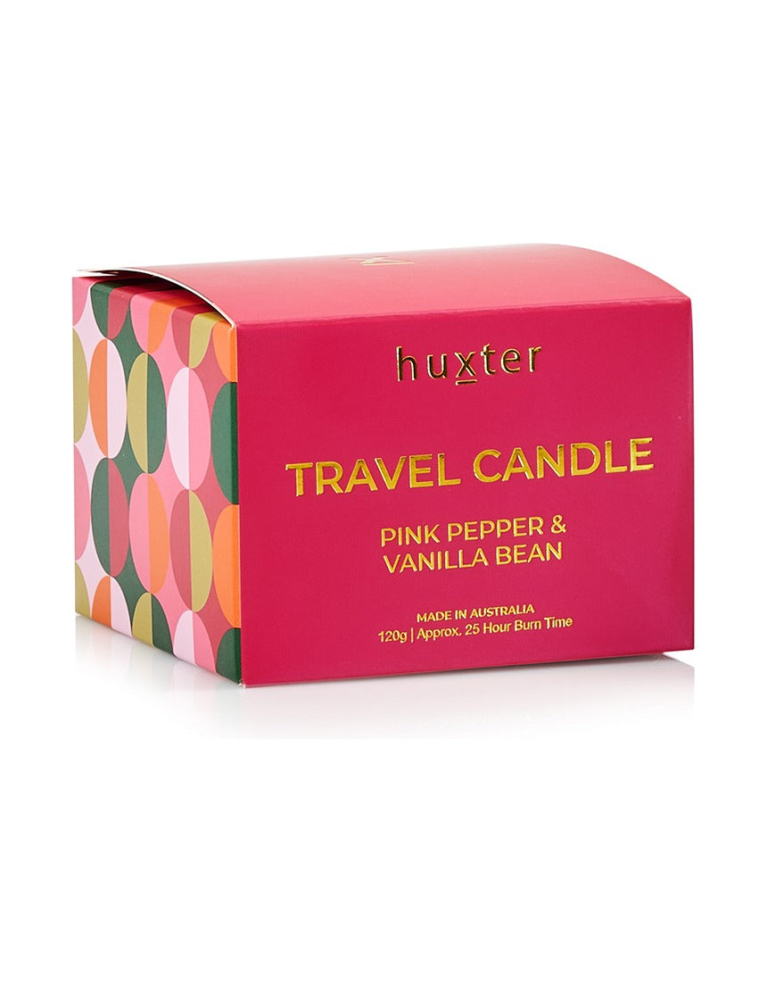 Huxter Adorned Christmas Travel Candle with pink pepper and vanilla bean scent, featuring a festive holiday design.