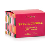 Huxter Adorned Christmas Travel Candle with pink pepper and vanilla bean scent, featuring a festive holiday design.