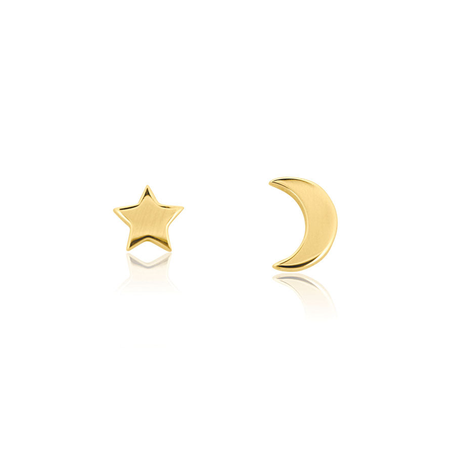 Gold Linda Tahija star and moon stud earrings made of hypoallergenic metal, featuring celestial designs for everyday wear.