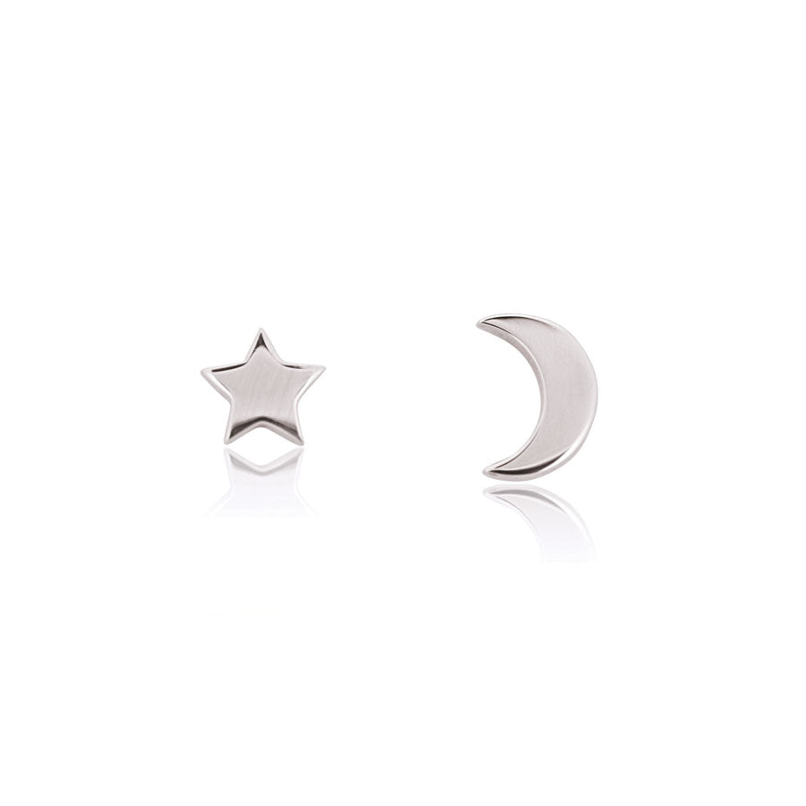 Linda Tahija star and moon stud earrings in sterling silver, hypoallergenic jewelry featuring celestial designs.