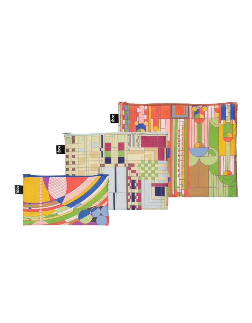 Set of three Frank Lloyd Wright Zip Pockets by Isgift, featuring stylish and functional fabric pockets with Wright-inspired designs.