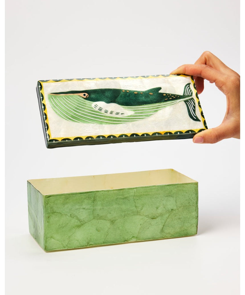Jones & Co Mariner Box Whale jewelry box with a whale design, featuring a wooden finish and decorative maritime theme.