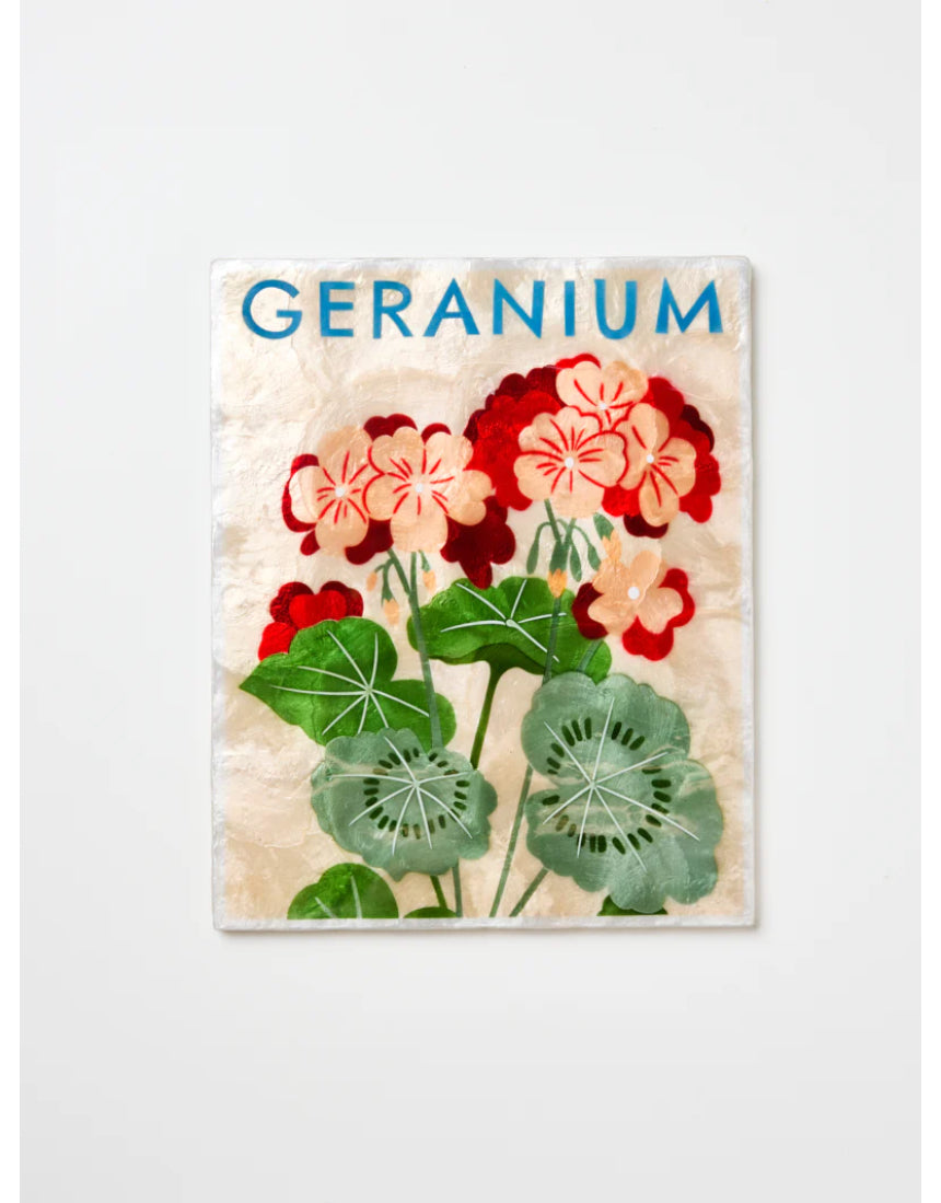 Jones & Co Market Wall Art featuring vibrant geranium flowers in a decorative wall display.