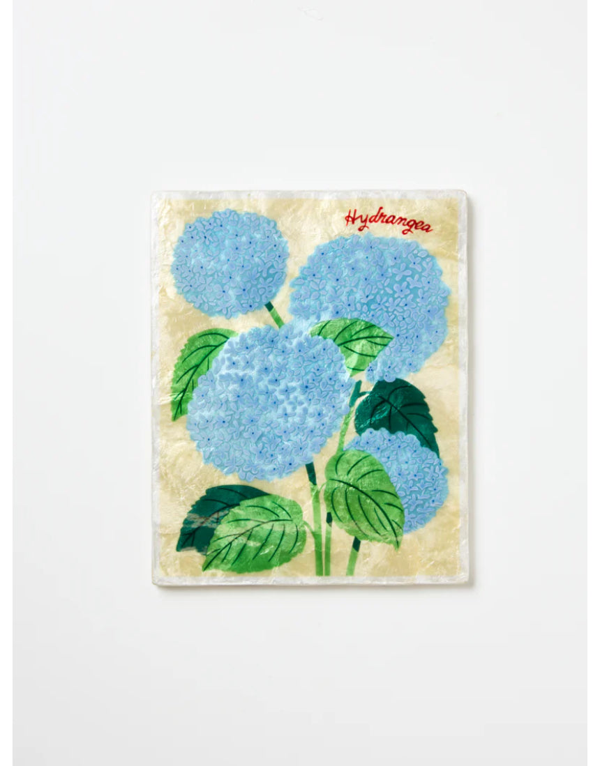 Jones & Co Market Wall Art featuring vibrant hydrangea floral design on a decorative wall piece.