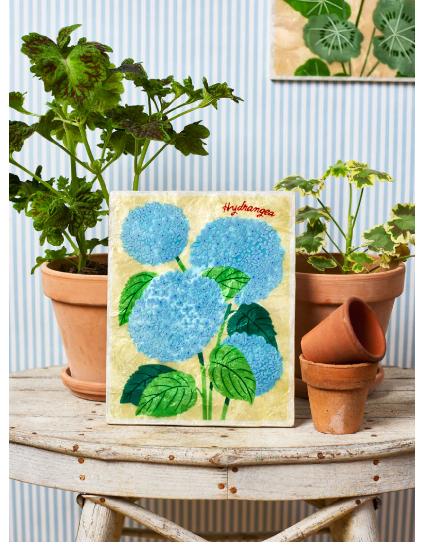 Jones & Co Market Wall Art featuring a beautiful hydrangea floral print on a textured background.