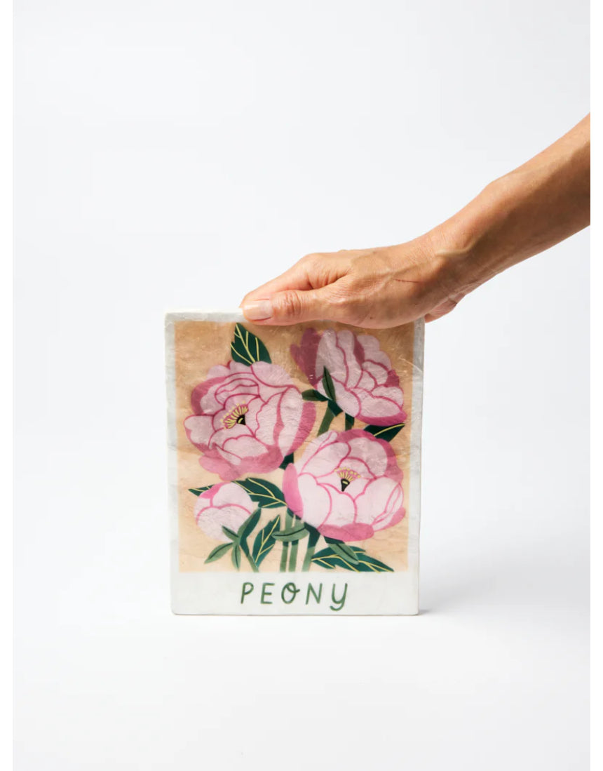 Jones & Co Market Wall Art featuring a detailed peony flower with vibrant pink petals and green foliage.