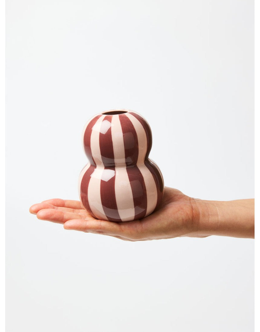 Jones & Co Fonda Vase in burgundy pink stripe with a sleek, modern design and glossy finish.