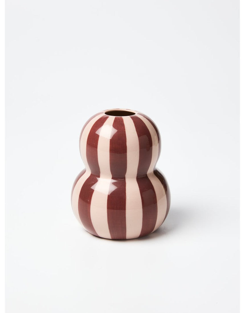 Jones & Co Fonda Vase in Burgundy Pink Stripe with a sleek, modern design and smooth ceramic finish.