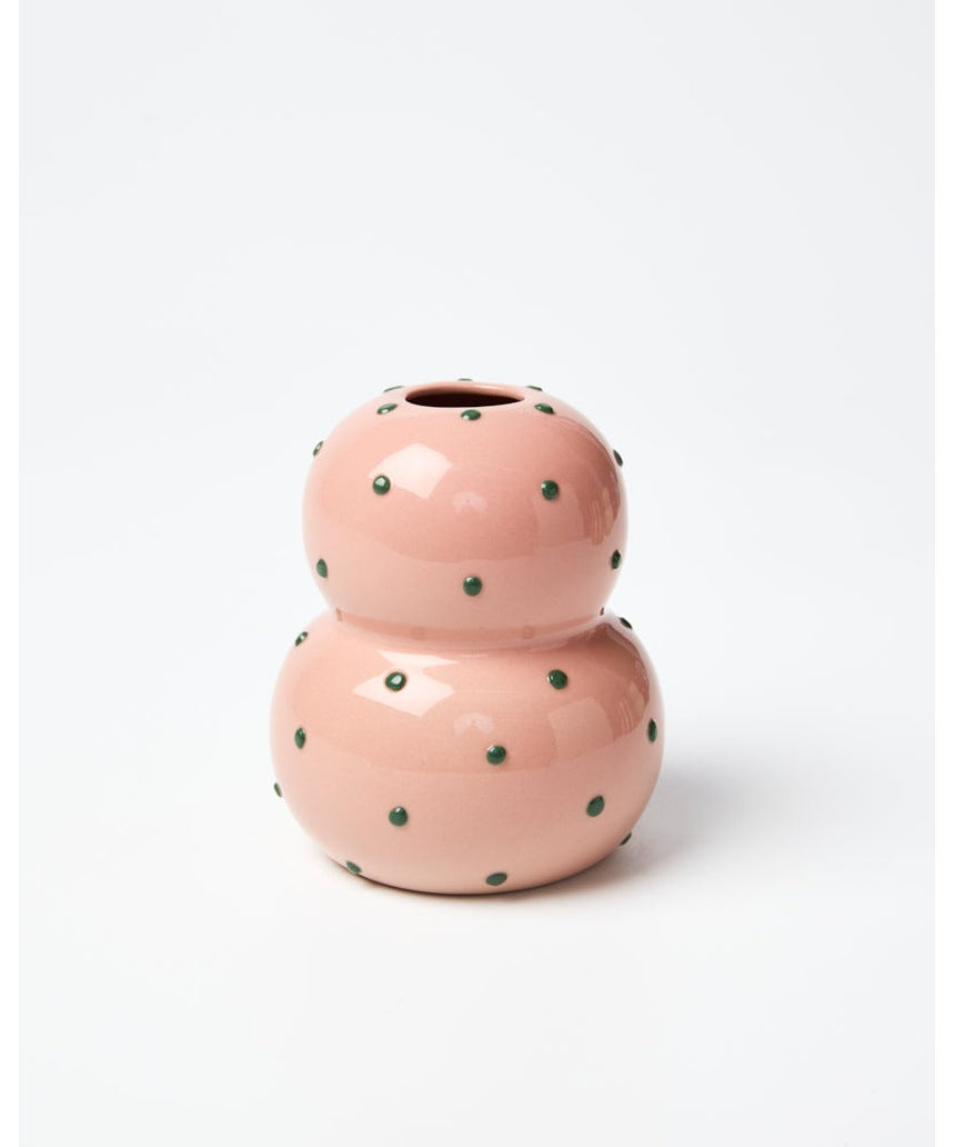 Jones & Co Fonda Vase in pink and green dotty design, showcasing a stylish ceramic vase with colorful pattern.
