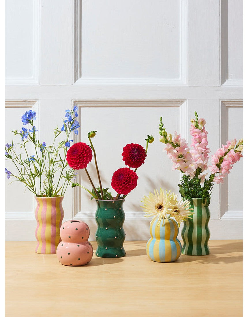 Jones & Co Fonda Vase with pink and green dotty design, ceramic vase with colorful polka dot pattern.