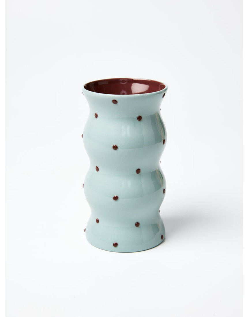 Jones & Co Palma Vase in blue and brown with a dotty pattern, featuring a stylish ceramic design and rounded shape.