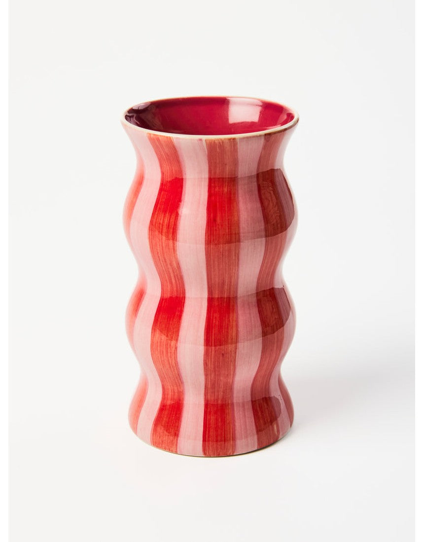 Jones & Co Palma Vase in red and pink stripe with a sleek, modern design, perfect for floral arrangements and decorative displays.