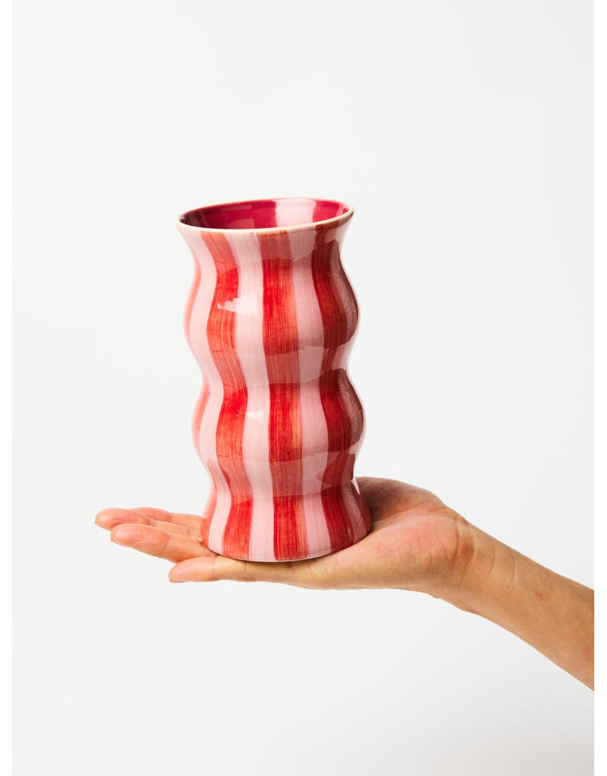 Jones & Co Palma Vase with red and pink striped ceramic design, featuring a sleek, modern shape and glossy finish.