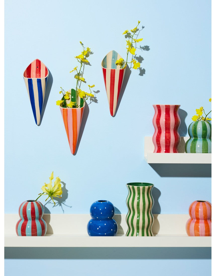 Jones & Co Palma Vase with red and pink striped pattern, featuring a sleek ceramic design perfect for modern floral decor.