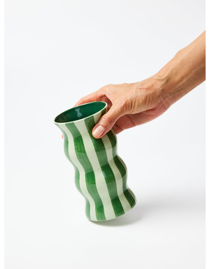Jones & Co Palma Vase with tonal green stripe design, featuring a sleek, modern ceramic vase with vibrant green accents.
