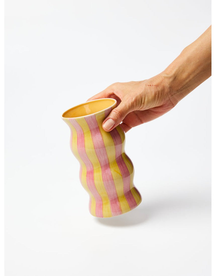 Jones & Co Palma Vase with yellow and pink stripe design, showcasing a stylish ceramic vase with vibrant colors.