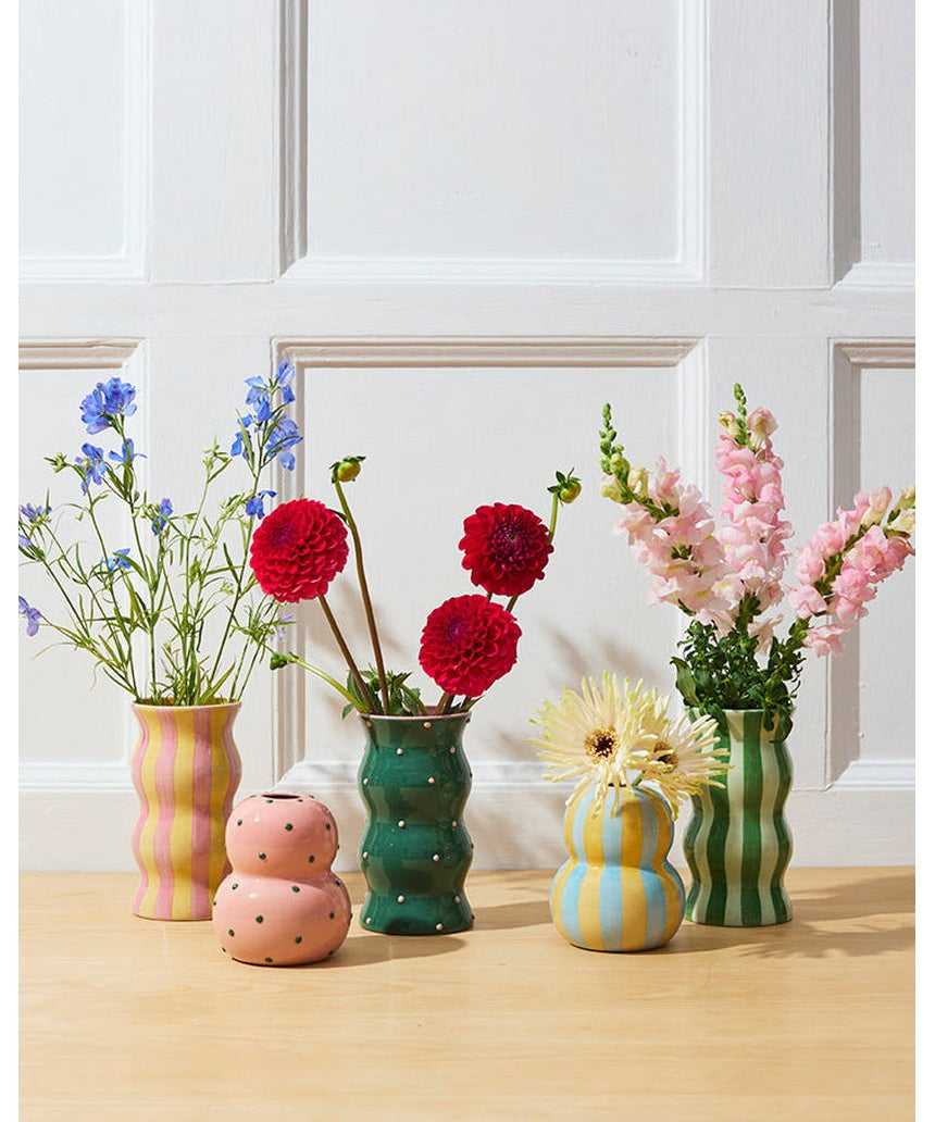 Jones & Co Palma Vase with yellow and pink stripe design, decorative ceramic vase for home decor.