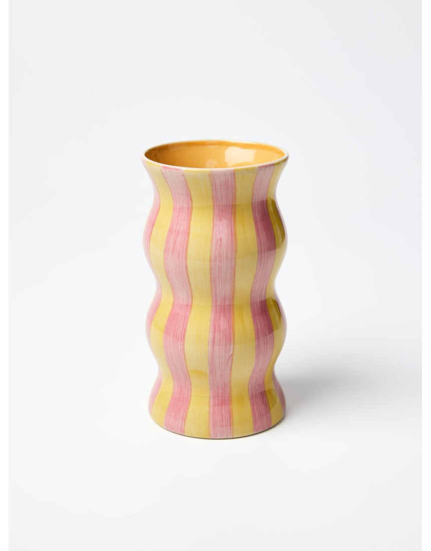 Jones & Co Palma Vase with yellow and pink stripe design, featuring a sleek ceramic vase with colorful striped pattern.