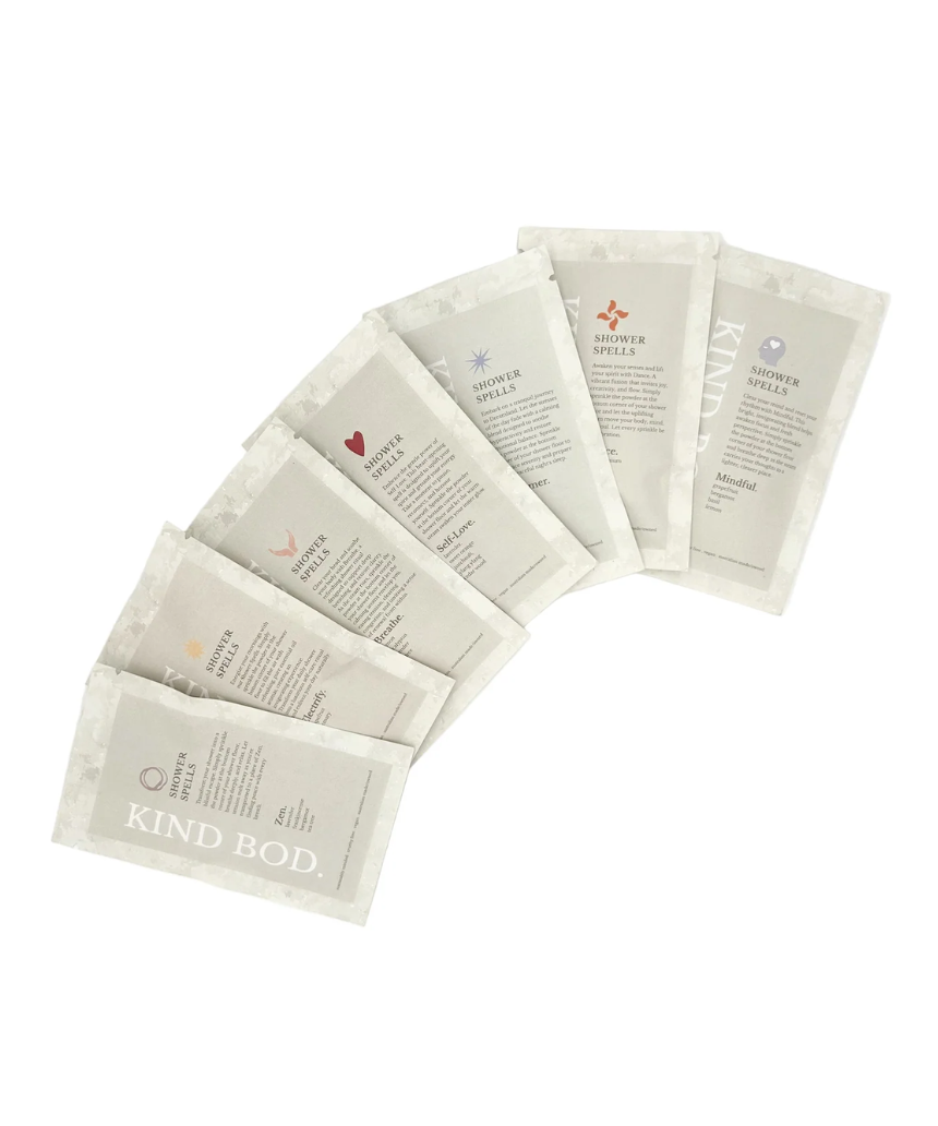 Kind Bod Shower Spells shower bomb with calming Zen scent, shown in clear packaging, designed for relaxing bath experiences.